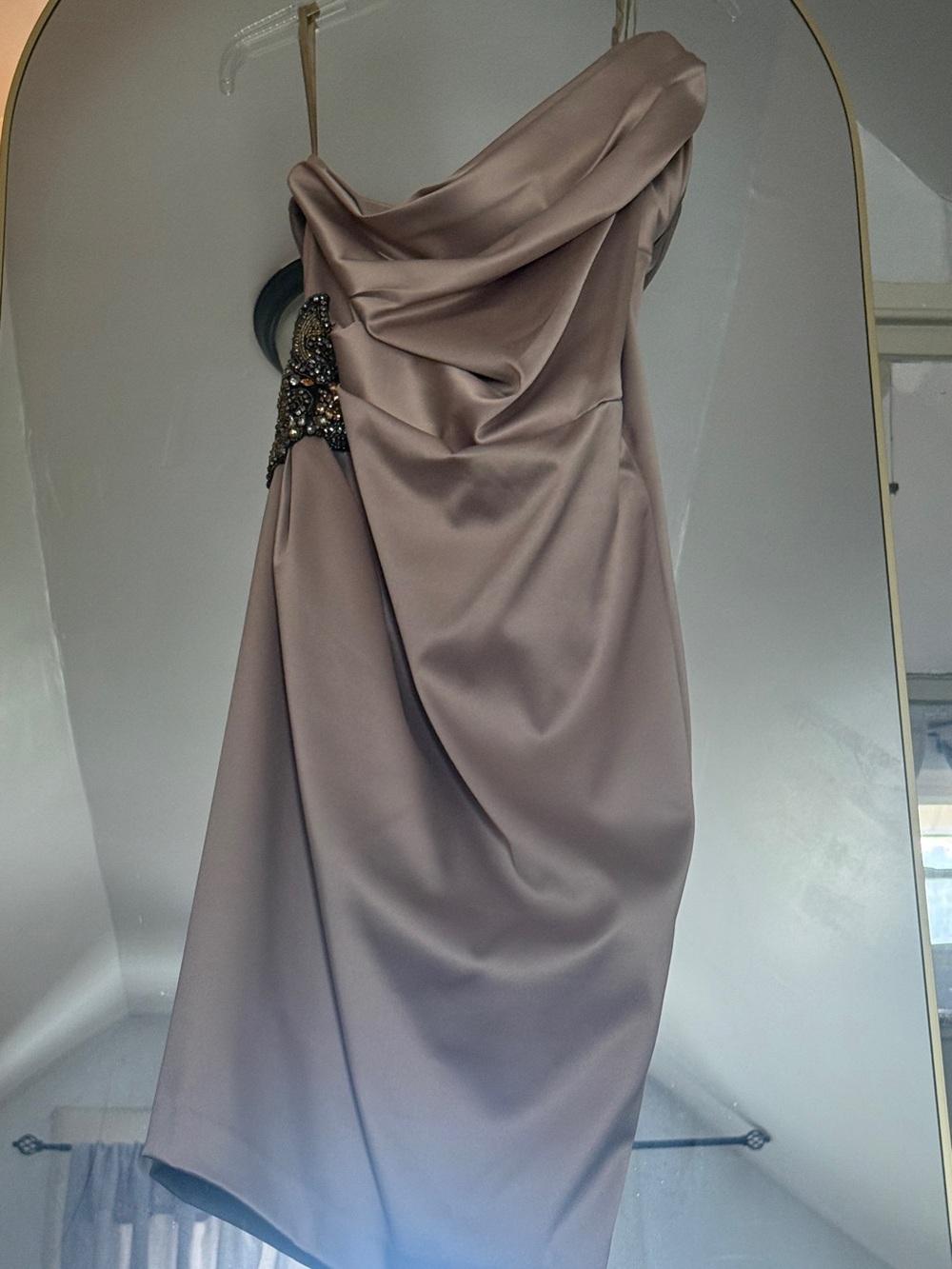 Satin One-Shoulder Draped Cocktail Dress in Taupe. Perfect for wedding guests.